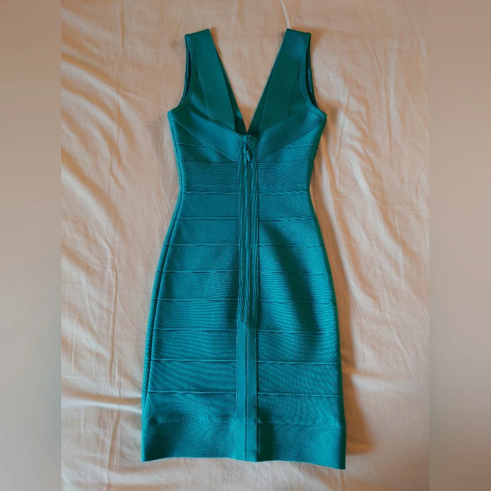 NWOT Bright Teal HERVE LEGER V- Neck Mini Bandage Dress XS $790 - Picture 9 of 14